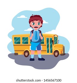 student boy and bus transport back to school