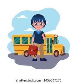 student boy and bus transport back to school