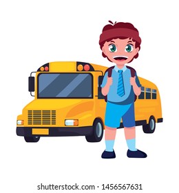 student boy and bus transport back to school