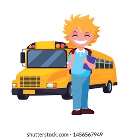 student boy and bus transport back to school