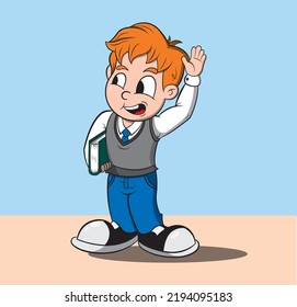 Student boy carrying a book under his arm, waving.