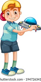 Student boy cartoon character holding a ufo model illustration