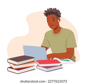 Student Boy Character Seated At Desk with Laptop, Papers, and Textbooks or another Academic Educational Materials. Concept of Back to School or University Learning. Cartoon People Vector Illustration