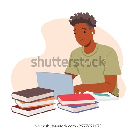 Student Boy Character Seated At Desk with Laptop, Papers, and Textbooks or another Academic Educational Materials. Concept of Back to School or University Learning. Cartoon People Vector Illustration