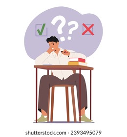 Student Boy Character Sits Nervously At A Desk, Surrounded By Textbooks And Notes, Facing An Exam, Atmosphere Of Concentration Fill The Room As The Test Begins. Cartoon People Vector Illustration