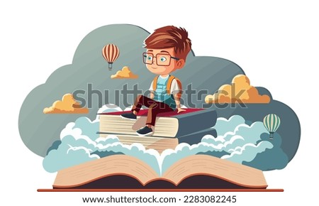 Student Boy Character Sitting On Book Stack With Hot Air Balloons On Clouds Background.