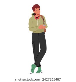 Student Boy Character Stand with Handbag, Headphones and Smartphone, Navigates Through Apps, Connecting, Learning And Exploring A Digital World Of Knowledge And Social Interaction. Vector Illustration