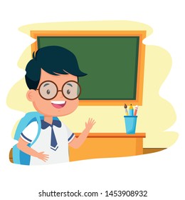 student boy classroom chalkboard desk pencils back to school vector illustration