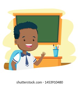 student boy classroom chalkboard desk pencils back to school vector illustration