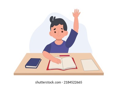 Student boy in classroom sitting at his desk is raising hand up to answer or asking the question.cartoon Vector illustration.