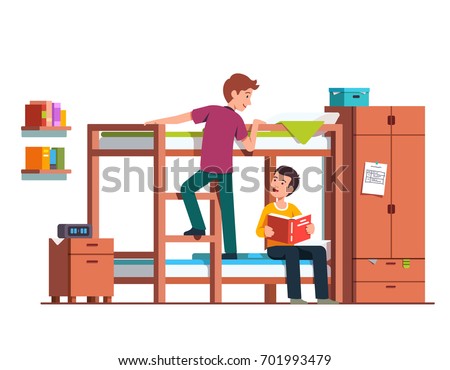 Student boy climbing up bunk bed ladder. Two teen brothers sharing bedroom. Friends studying at home together. Dormitory room interior with wooden wardrobe & bedside table. Flat vector illustration.