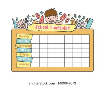 The student boy is climbing on the school yellow timetable with stationary pencil, eraser, ruler illustration vector on white background. Education and study concept.