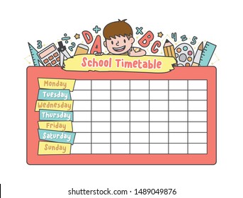 The student boy is climbing on the school pink timetable with stationary pencil, eraser, ruler illustration vector on white background. Education and study concept.