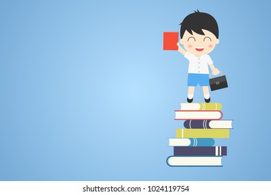 Student boy cute character school uniform with many books have been read , back to school , ready to study