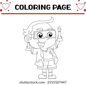 student boy is doing experiment laboratories coloring page for kids