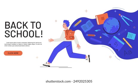 Student boy with education space leaking out of backpack. Back to School flat color landing page. Lessons concept website banner. Exploration graphic design vector illustration for web page