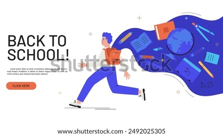 Student boy with education space leaking out of backpack. Back to School flat color landing page. Lessons concept website banner. Exploration graphic design vector illustration for web page
