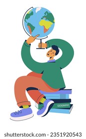 Student boy exploring Earth globe, learning geography. Geography class. Education concept