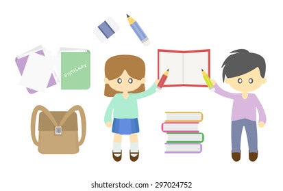 Student boy and girl with School Supplies cartoon vector