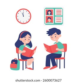student boy and girl sitting in chairs reading books