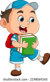 The student boy is going to the school and holding a lot of book of illustration