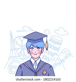 El niño estudiante está graduando el diseño del carácter del vector. Aprendiendo inglés en Londres. Ilustración del doodle.