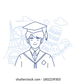 Student boy is graduating character design of vector. Learning English in London. Doodle illustration.