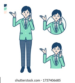 A student boy in a green blazer with Call on smartphone images.It's vector art so it's easy to edit.