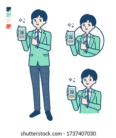 A student boy in a green blazer with cashless payment on smartphone images.
It's vector art so it's easy to edit.
