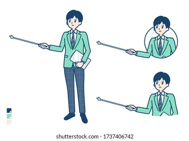 A student boy in a green blazer with Explanation with a pointing stick image.
It's vector art so it's easy to edit.
