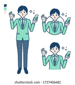 A student boy in a green blazer with Holding a smartphone and doing an OK sign images.
It's vector art so it's easy to edit.
