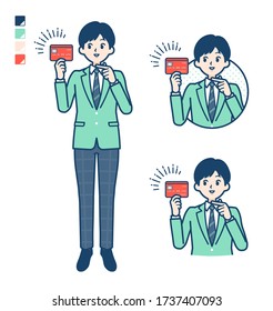 A student boy in a green blazer with pointing at credit card images.
It's vector art so it's easy to edit.

