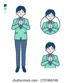 Un estudiante con una chaqueta verde con las manos de la prensa en imágenes de oración.Es arte vectorial, así que es fácil de editar.