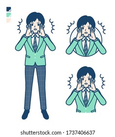 A student boy in a green blazer with Warned loudly images.It's vector art so it's easy to edit.