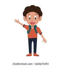 Student boy greeting with backpack cartoon vector illustration graphic design