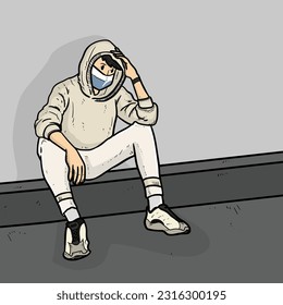 Student boy or guy desperate sad loneliness isolated on grey background vector modern illustrations 