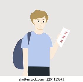 Student Boy Hand Holding Exam Test Paper Form In School. Teen Feeling Sad With Low Score Result. Education, Failure, Workload, Stress Concept. Flat Cartoon Character Isolated Vector Illustration.