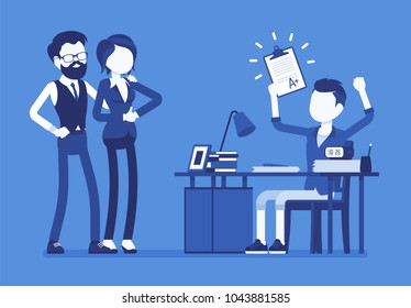 Student boy happy with an excellent mark. School or college pupil showing parents a test with good grade, great study achievement. Science, education concept. Vector illustration, faceless characters