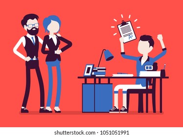 Student boy happy with an excellent mark. School or college pupil showing parents a test with good grade, great study achievement. Science, education concept. Vector illustration, faceless characters