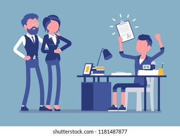 Student boy happy with an excellent mark. School or college pupil showing parents a test with good grade, great study achievement. Science, education concept. Vector illustration, faceless characters