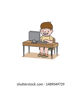The student boy has been studying with computer or surfing the internet or chat or play game illustration vector on white background. Education and study concept.