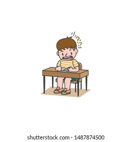 The student boy has studied and confuse and the desk illustration vector on white background. Education and study concept.