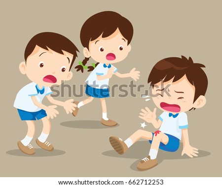 Student Boy having bruises on his leg.Pupil looking at friend getting wound.Clumsy kid