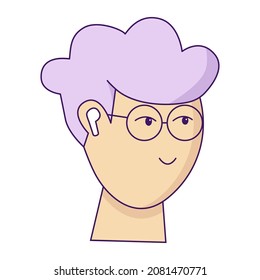 Student boy with headphones isolated on white background. Nice guy with purple hair and glasses listening to music. Vector illustration.