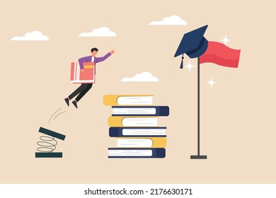 Student boy hold book jumping on a trampoline to gets graduation hat. Education level concept. Colored flat graphic vector illustration isolated.