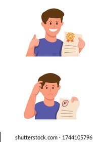 Student Boy Holding Exam Paper With Good Grade And Bad Grade Result Icon Set In Cartoon Illustration Vector Isolated In White Background