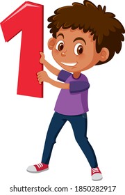 Student boy holding the number cartoon character isolated on white background illustration