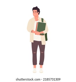 Student boy holding school books. Teenager in casual clothes with backpack vector illustration