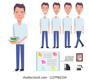 Student boy holding stack of books character set with different poses, emotions, gestures. Part of body, laptop, diploma, coffee pot, folder. Can be used for topics like studying, education, knowledge