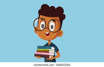 Student Boy Holding Textbooks Vector Cartoon. Elementary schoolboy with many books preparing for exams
